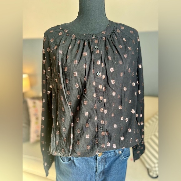 LOFT Tops - LOFT - BLACK, SHEER BLOUSE WITH ROSE GOLD DOTS - SIZE XL